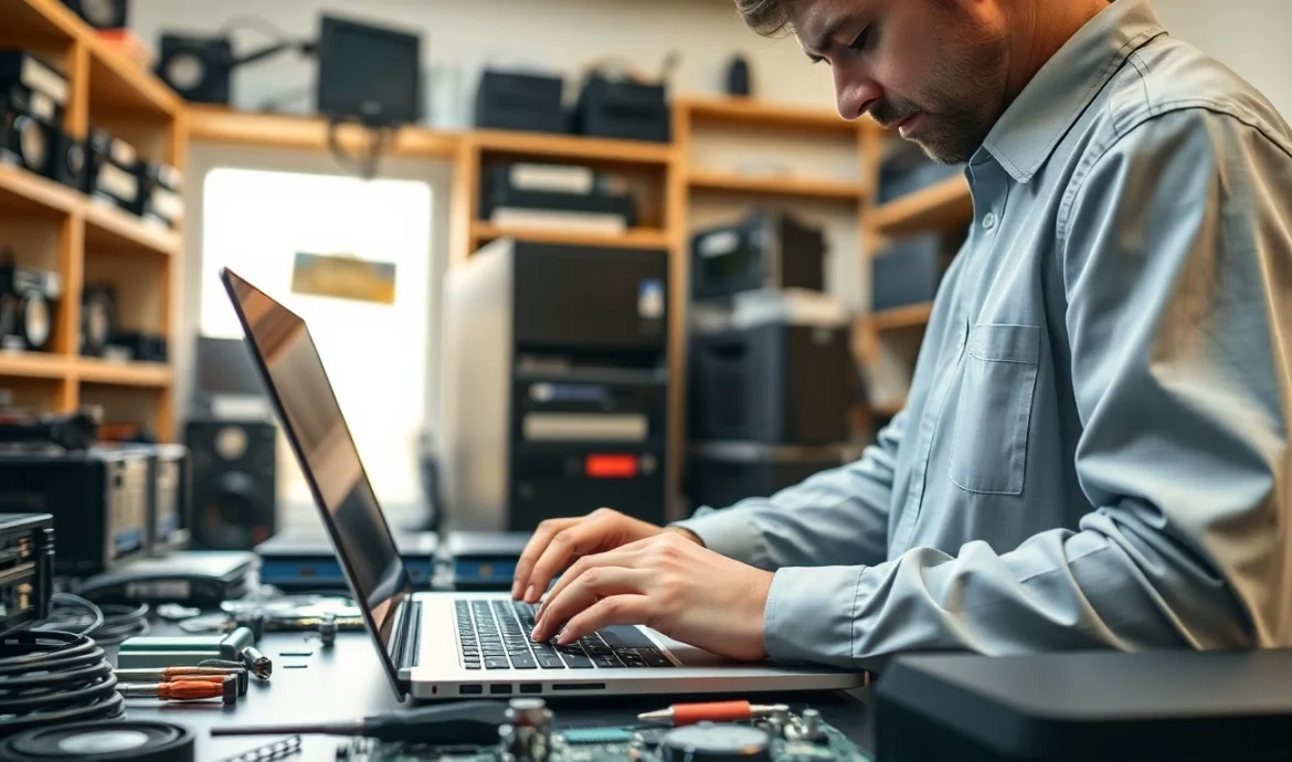 Riparazione computer settimo torinese: tecnico informatico professionale al lavoro su un laptop in un'accogliente officina.