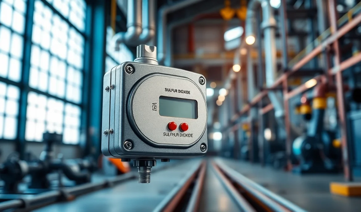 Monitor real-time levels with a Sulfur Dioxide gas detector in an industrial environment.