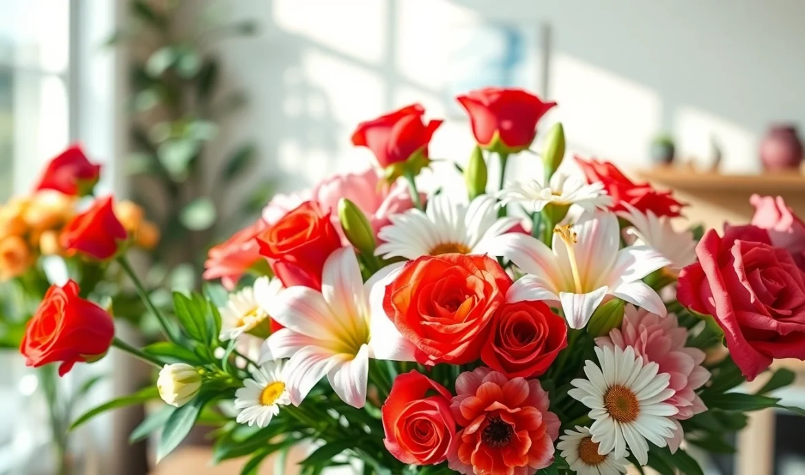 Beautiful floral arrangement by a Fountain valley florist showcasing vibrant roses and lilies.