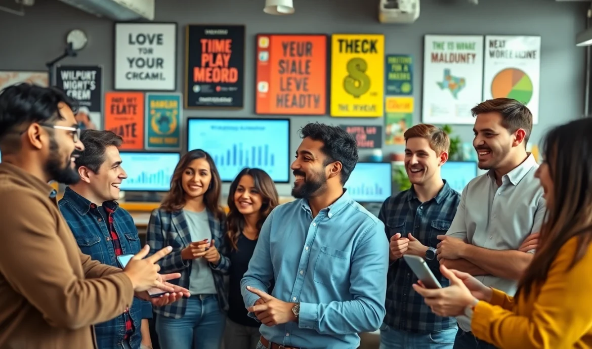 Members of the BasedChadHQ community engaging in creative discussions in a vibrant workspace.