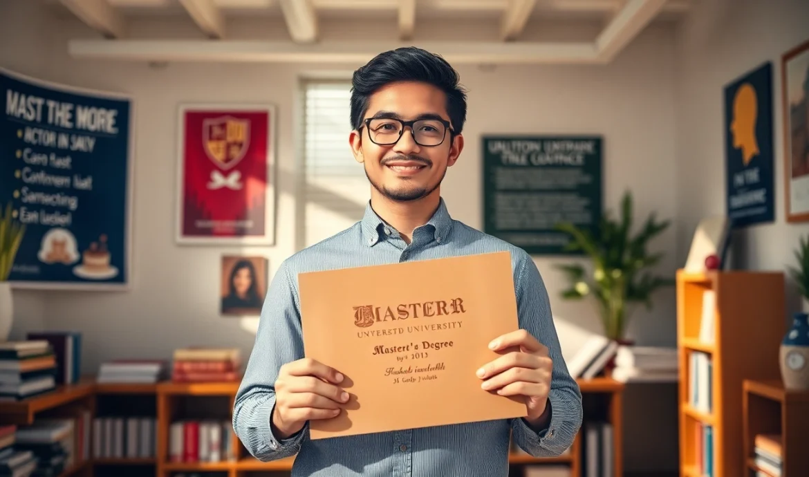 Buy master degree UK with a proud individual holding a diploma in a university office setting.