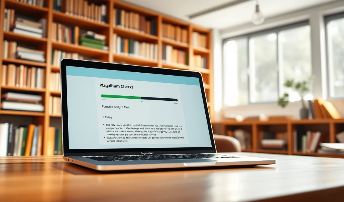Screen displaying a plagiarism checker analyzing text in a modern study.