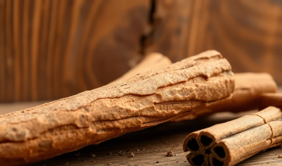 Cinnamon Bark showcasing its rich texture and color on rustic wood.