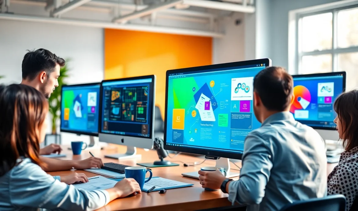 Showcase of AI design tools for businesses in a vibrant workspace with creative professionals.