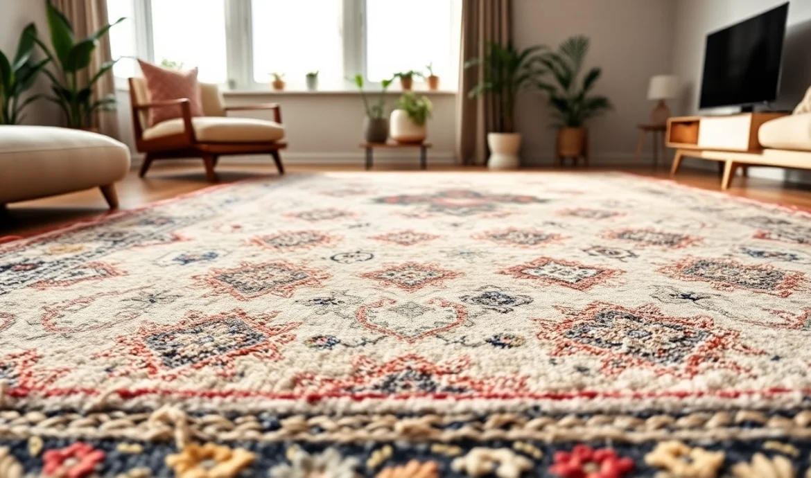 Showcase a vintage Boujaad rug from https://labboho.com/collections/boujaad-vintage-rugs in a stylish living room setting.