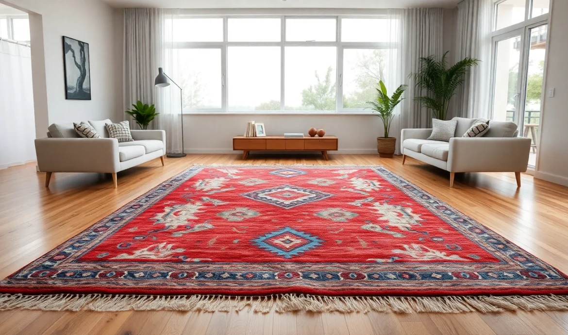 Admire Boujaad vintage rugs showcasing vibrant geometric patterns in a cozy, modern living room.