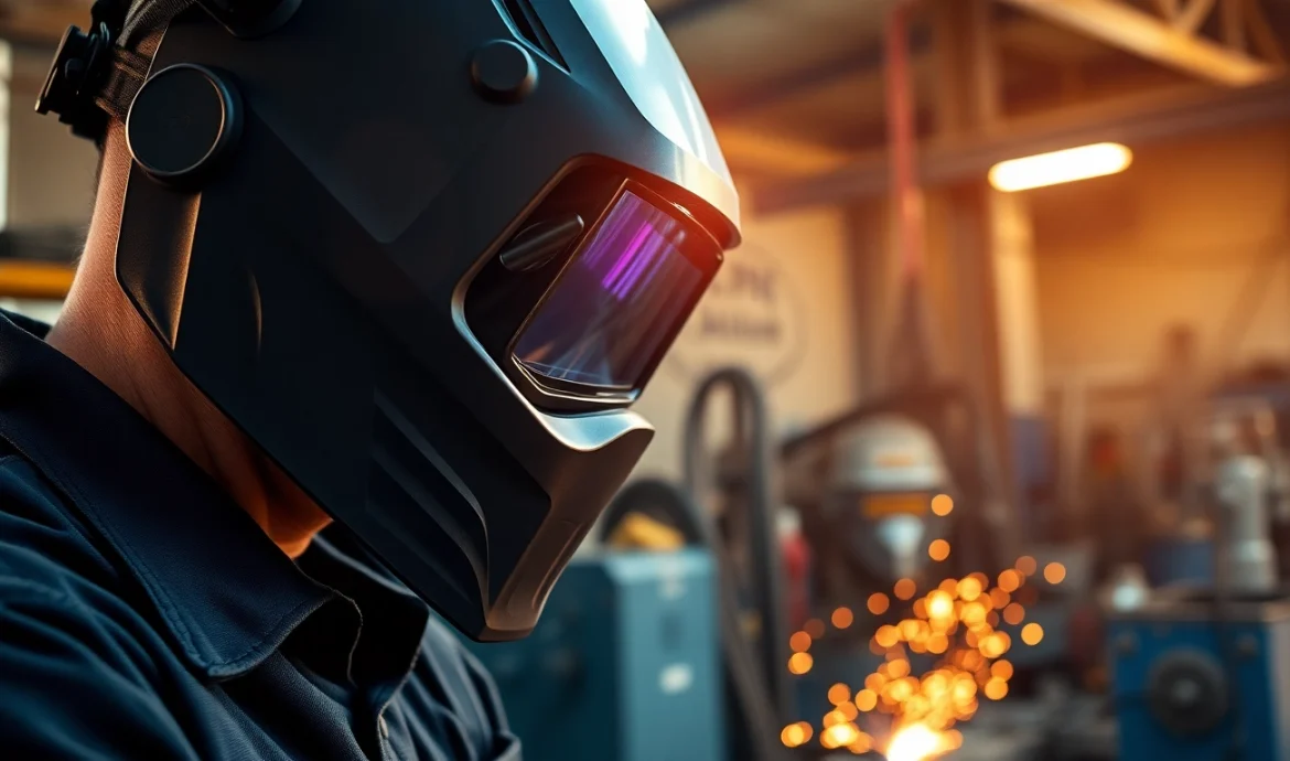 Welder using a speedglas welding helmet showcasing advanced features and active welding in progress.