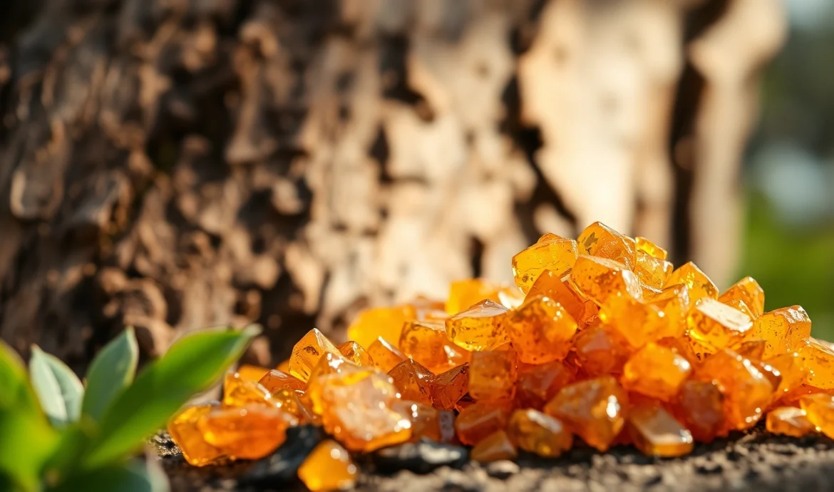 Benjoin résine brillante et naturelle présentée avec des cristaux, évoquant la chaleur