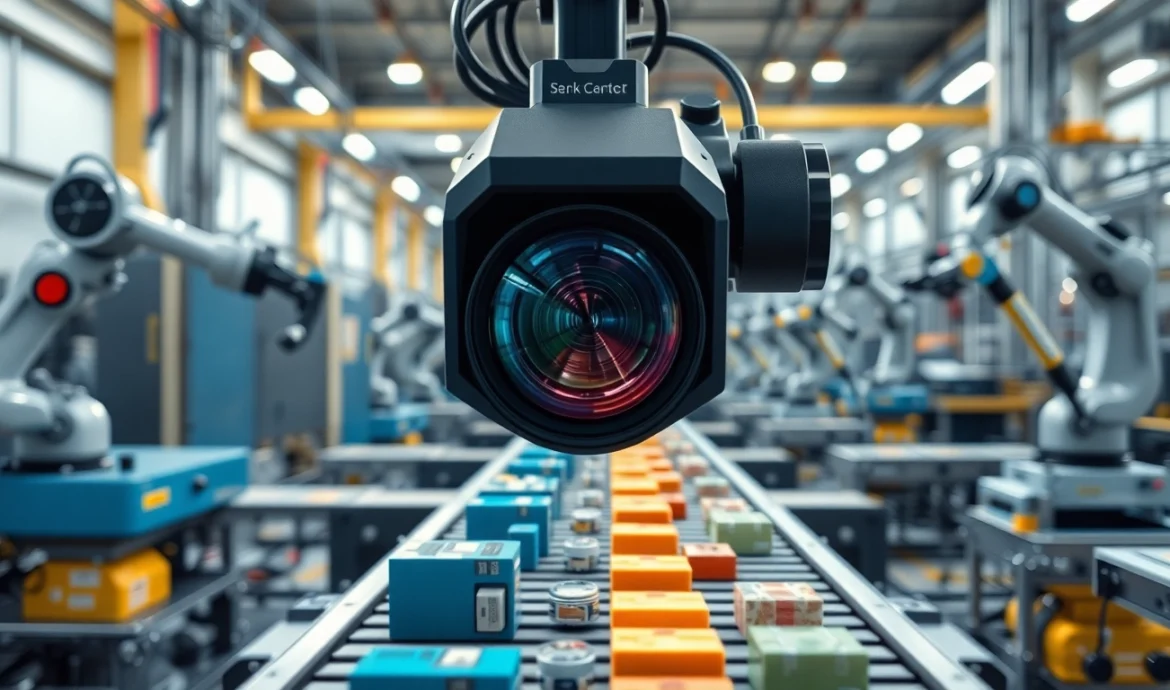 High-tech machine vision camera inspecting products on a conveyor belt in a modern manufacturing setting.