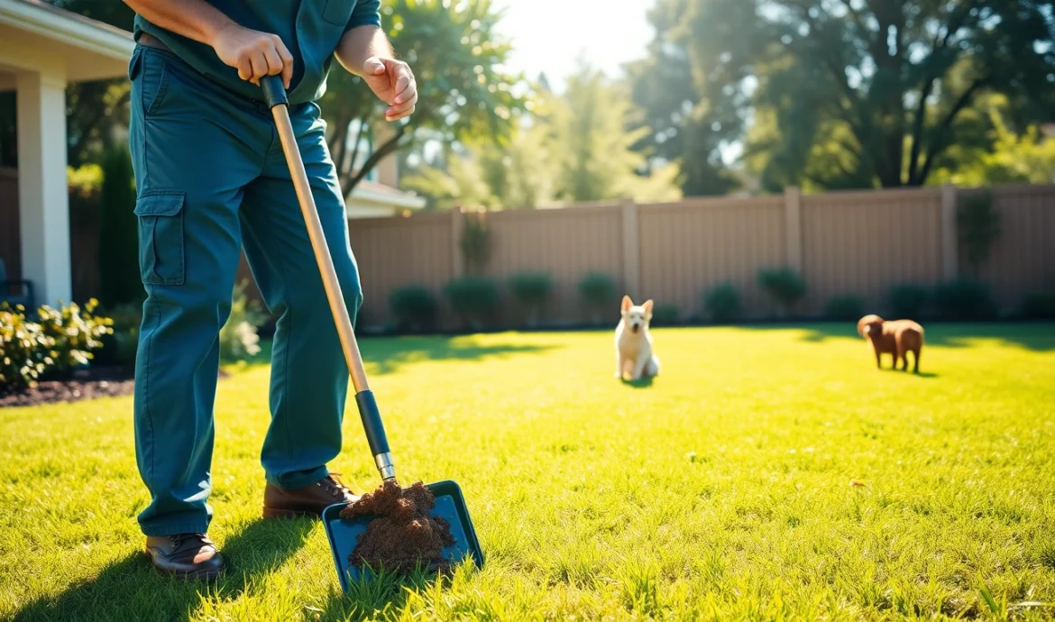 Pet waste removal technician performing dog poop pickup in a sunny backyard.
