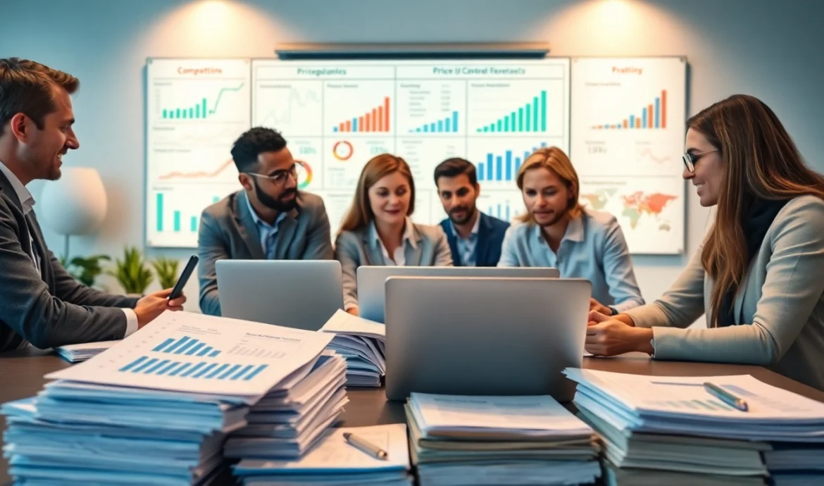 Teams conducting competitor pricing research with data analysis tools and graphs.
