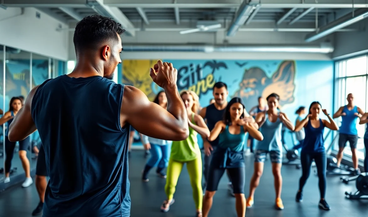 Participants engaged in gym group training led by an enthusiastic trainer in a vibrant fitness studio.