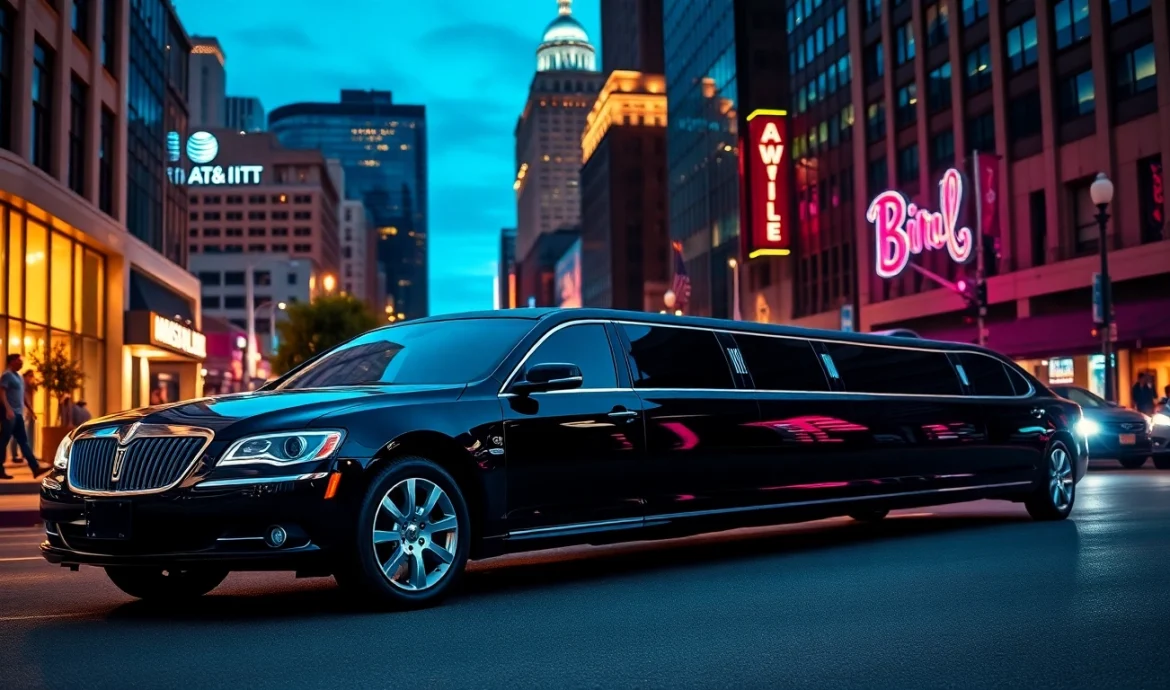 Nashville limo service showcasing a luxurious stretch limousine in the vibrant city center.