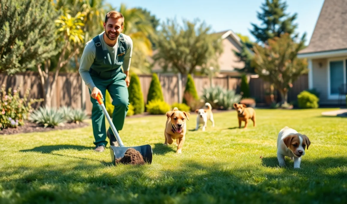 Weekly dog poop scooping service in action with a smiling technician cleaning a backyard.