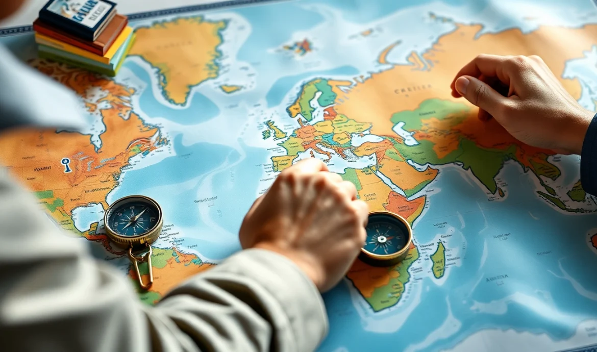 Pinpointing locations on a detailed map for travel adventures.