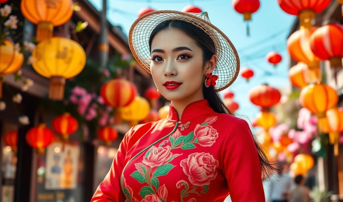 A Vietnamese woman showcases a colorful Vietnamese Áo Dài amidst traditional lanterns, celebrating culture.