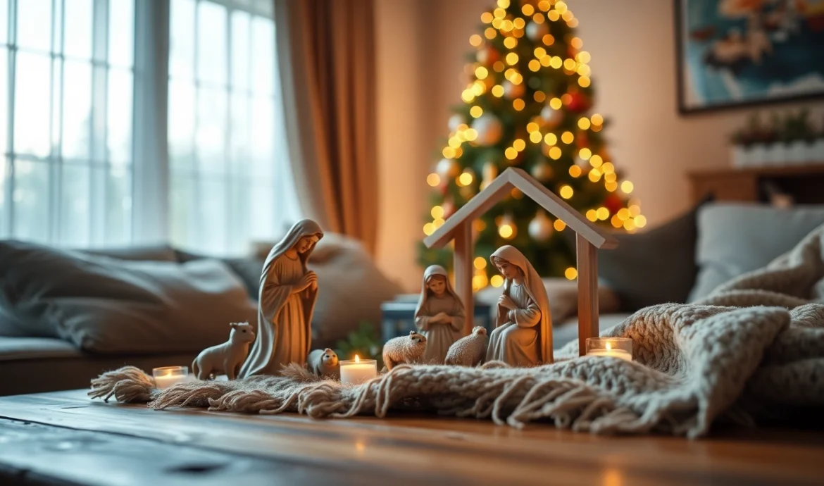 Celebrate Christmas with beautifully detailed Nativity sets arranged in a cozy living room.