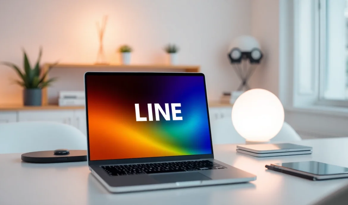 Download the official LINE 電腦版官方下載 on a sleek laptop in a comfortable workspace.