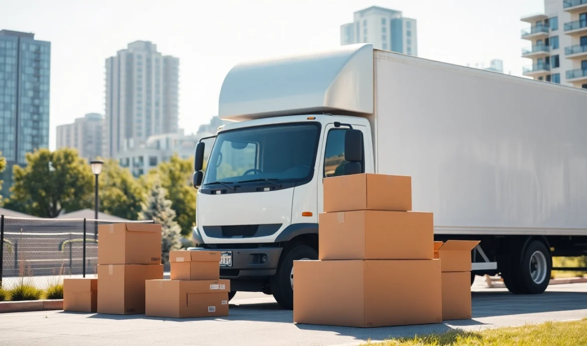 House moves in progress with a moving truck and packed boxes at a residence.