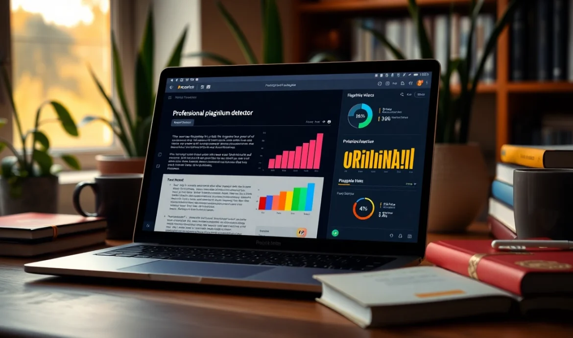 Using a plagiarism detector tool on a laptop to check text originality and accuracy.