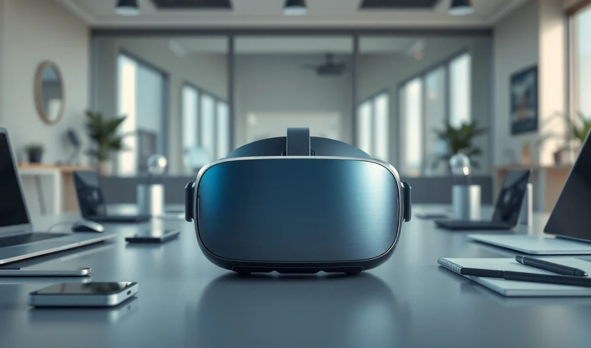Buy Apple Vision Pro headset showcased in a sleek, modern workspace with tech accessories.