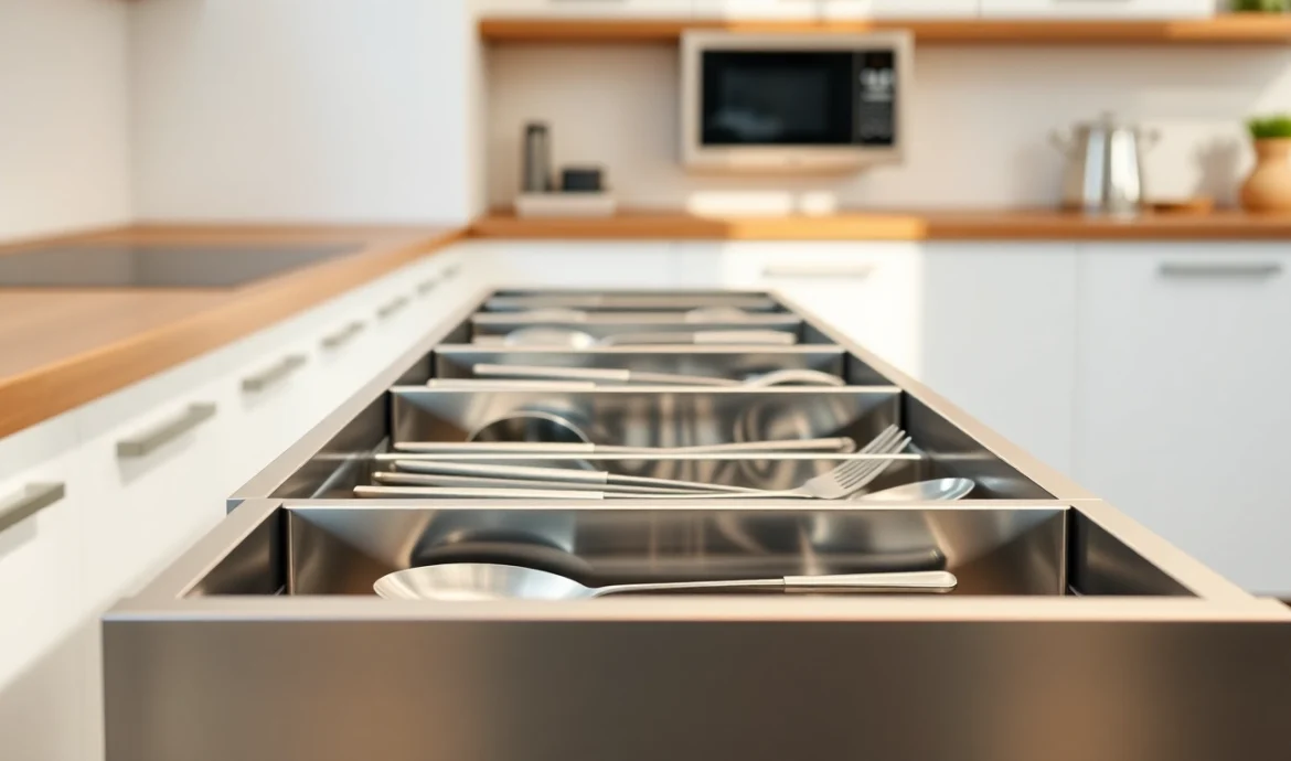 Showcasing a high-quality metal drawer system for modern kitchens.
