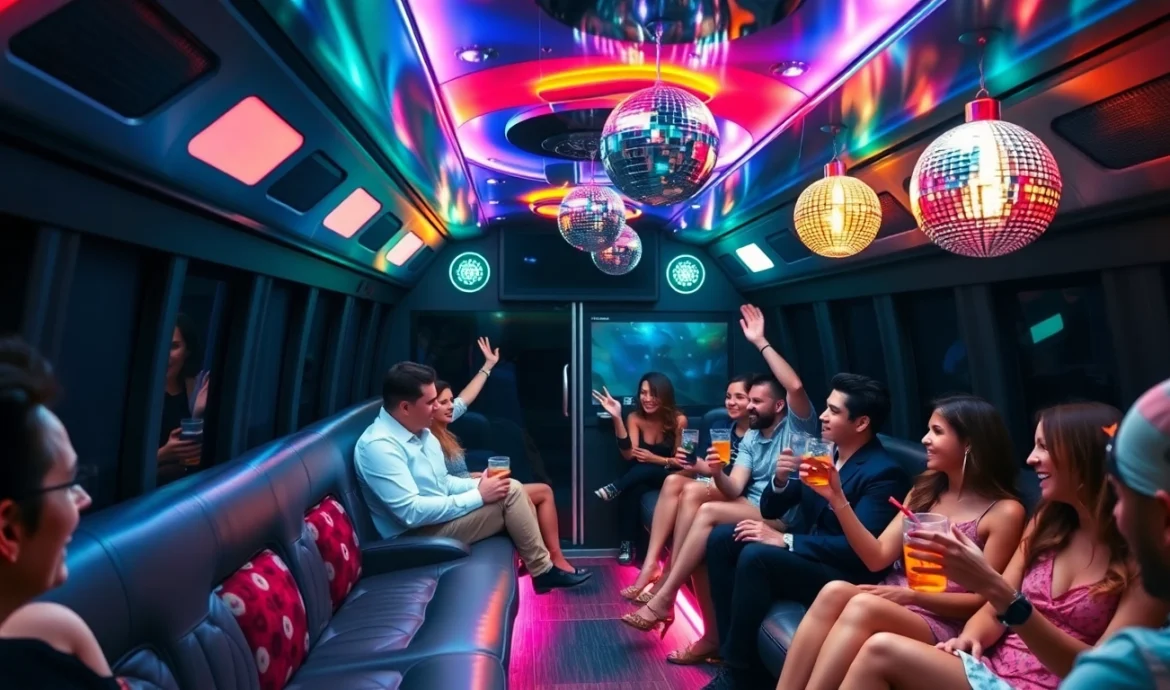 Enjoying the luxurious Atlanta party bus experience with friends, featuring vibrant interiors and festive atmosphere.