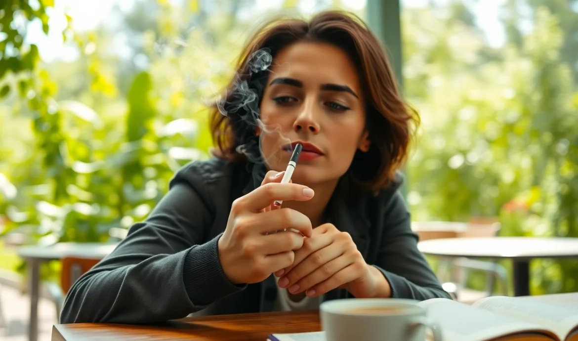 Enjoy nicotine free cigarettes while relaxing at an outdoor café surrounded by greenery.