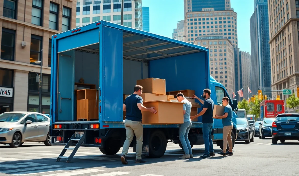 Movers in NYC expertly loading furniture from a professional moving company nyc into a bright blue truck.