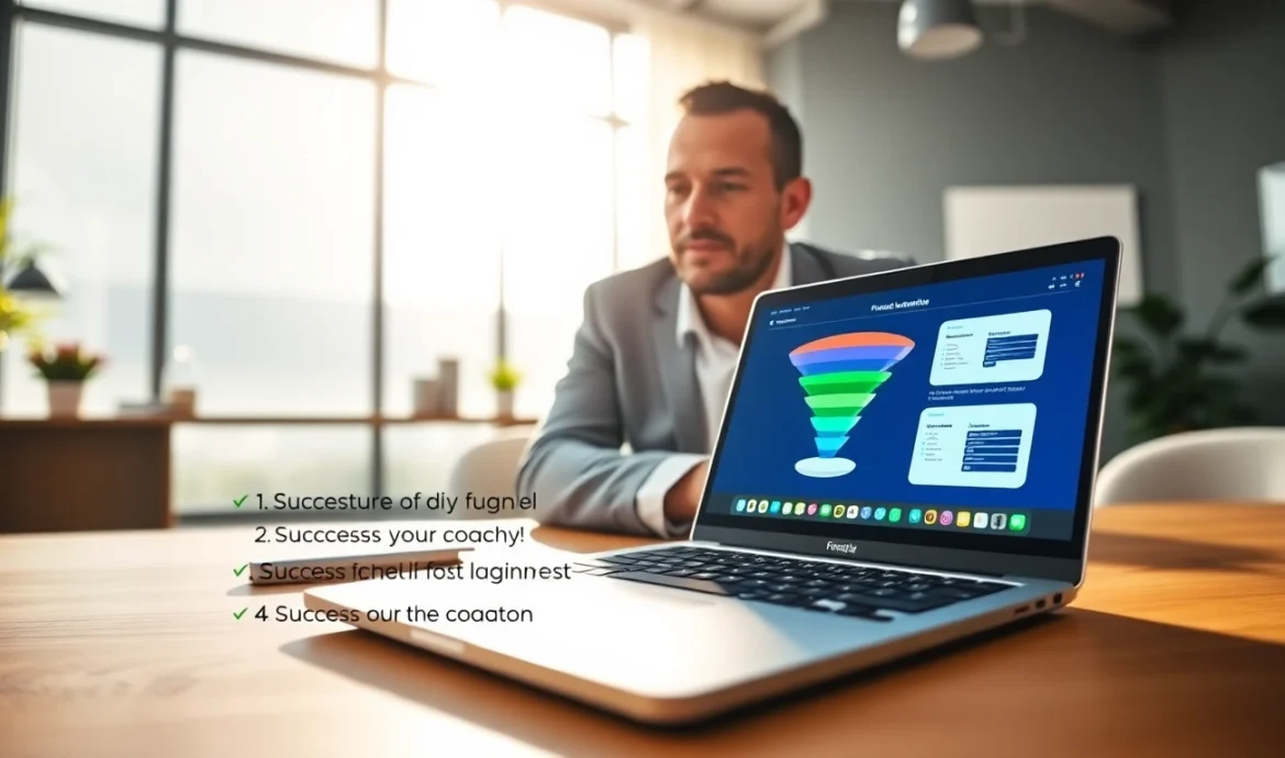 Engaged coach analyzing the best funnel templates for coaches in a modern office setting.