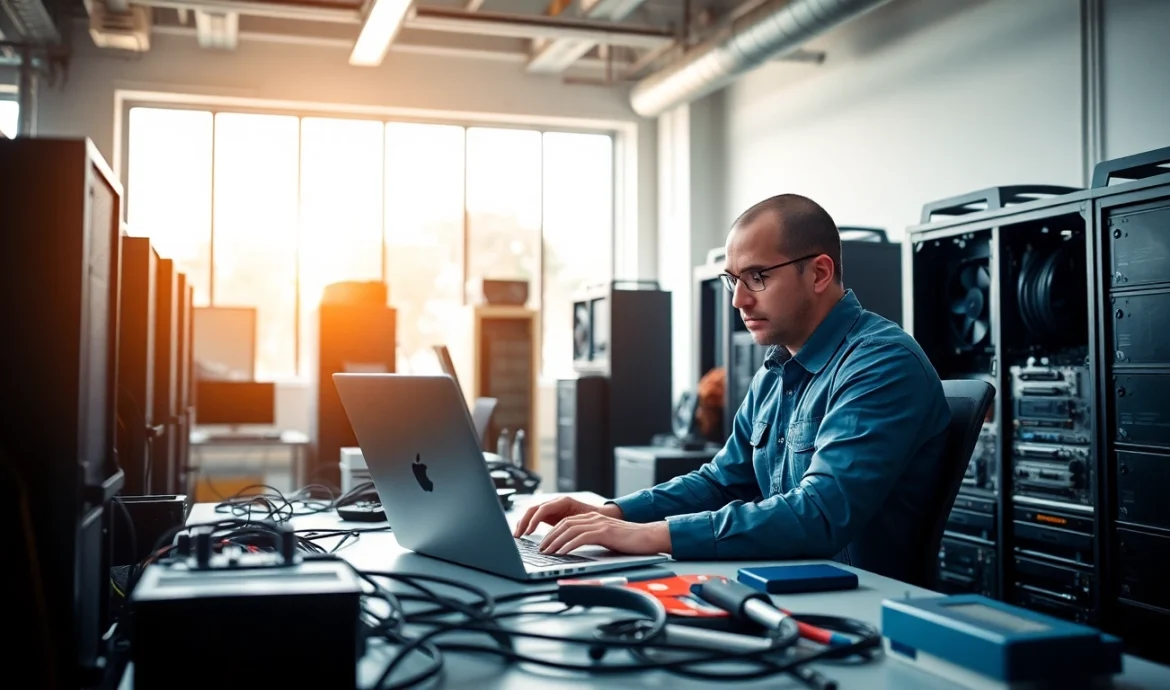 Expert computer service technician resolving laptop issues in a bright office.
