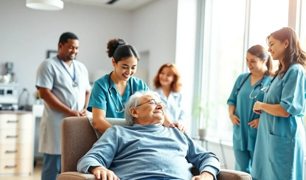 Healthcare support service providers assisting a patient in a welcoming clinic environment.
