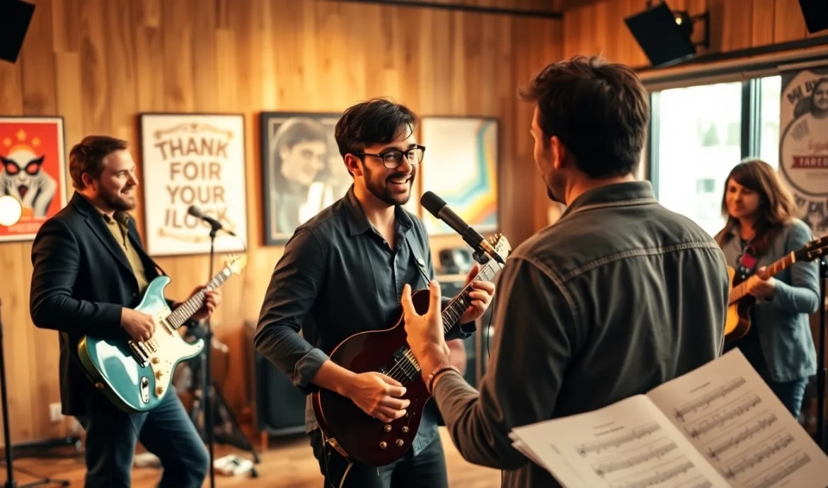 Musician engaging in music pitching to industry experts in a vibrant studio environment.