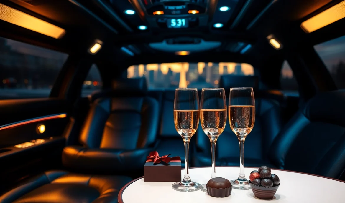 Experience Vancouver to Seattle Limo Service in a luxurious limousine interior with stunning city views.