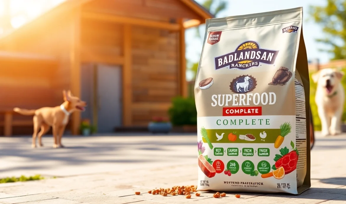 Showcase of badlands ranch superfood complete dog food packaging with fresh ingredients.