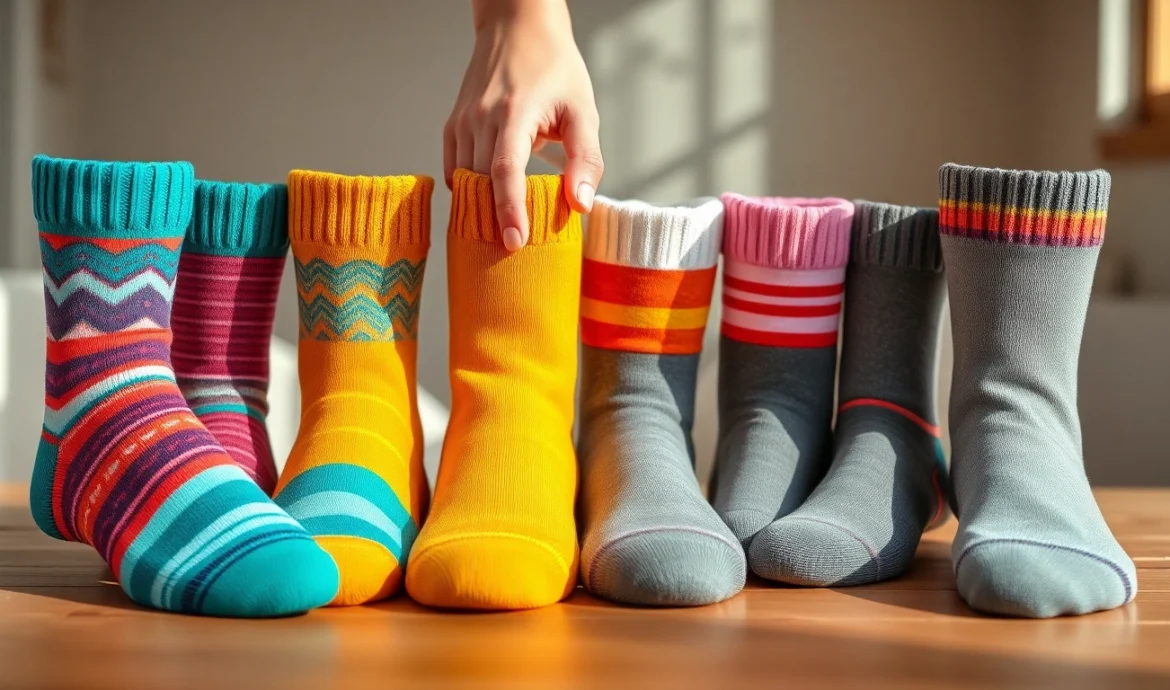 Showcase of vibrant 5 Pairs Mixed Socks arranged decoratively on a wooden surface, captivating and colorful.