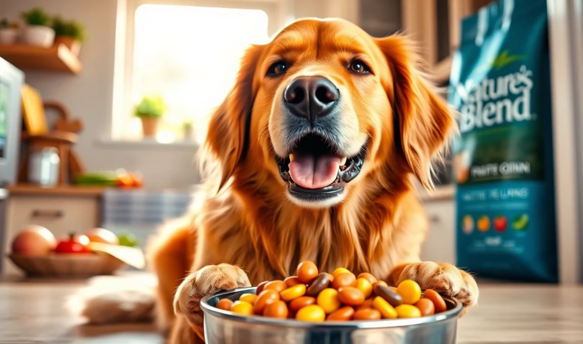 See a happy dog enjoying Nature's Blend dog food Canada in a bright kitchen setting