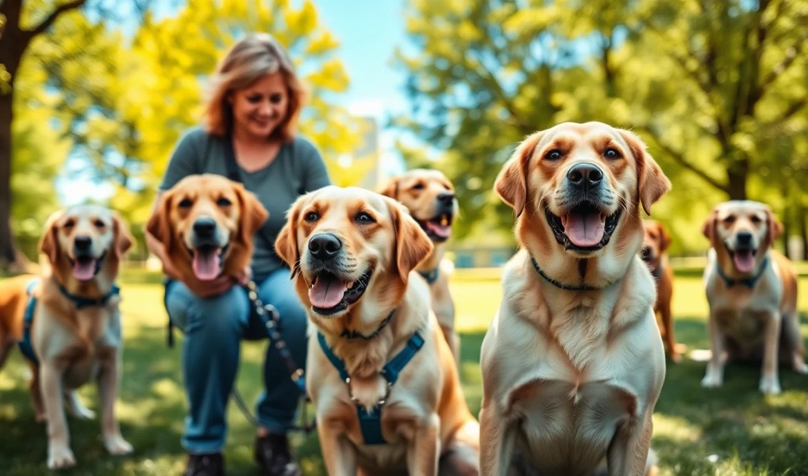 Handler with psych service dogs in a peaceful park, emphasizing companionship and support.