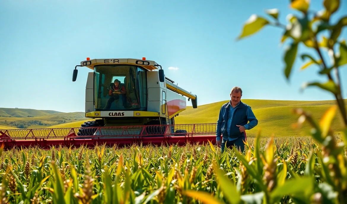 Claas Erntemaschinen in einem lebendigen Feld mit einem Landwirt im Vordergrund.