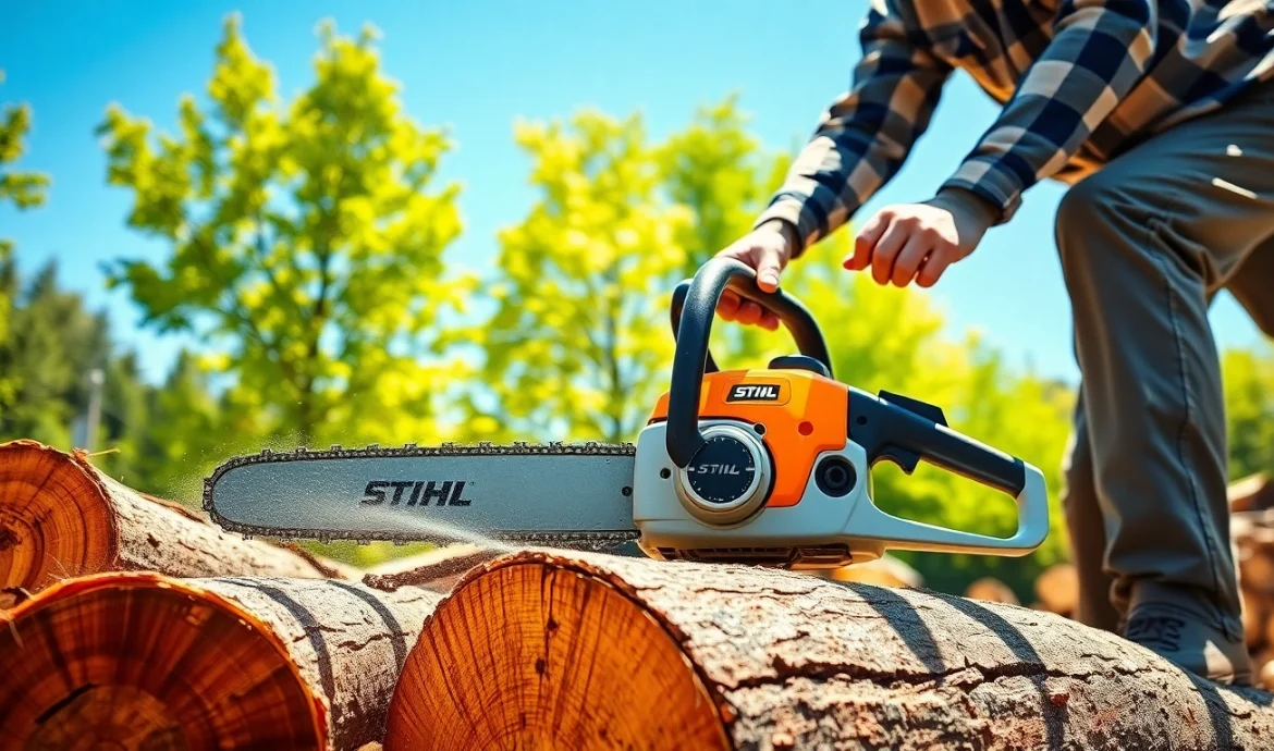 Stihl chainsaw in action, showcasing high performance and reliability in a green outdoor environment.