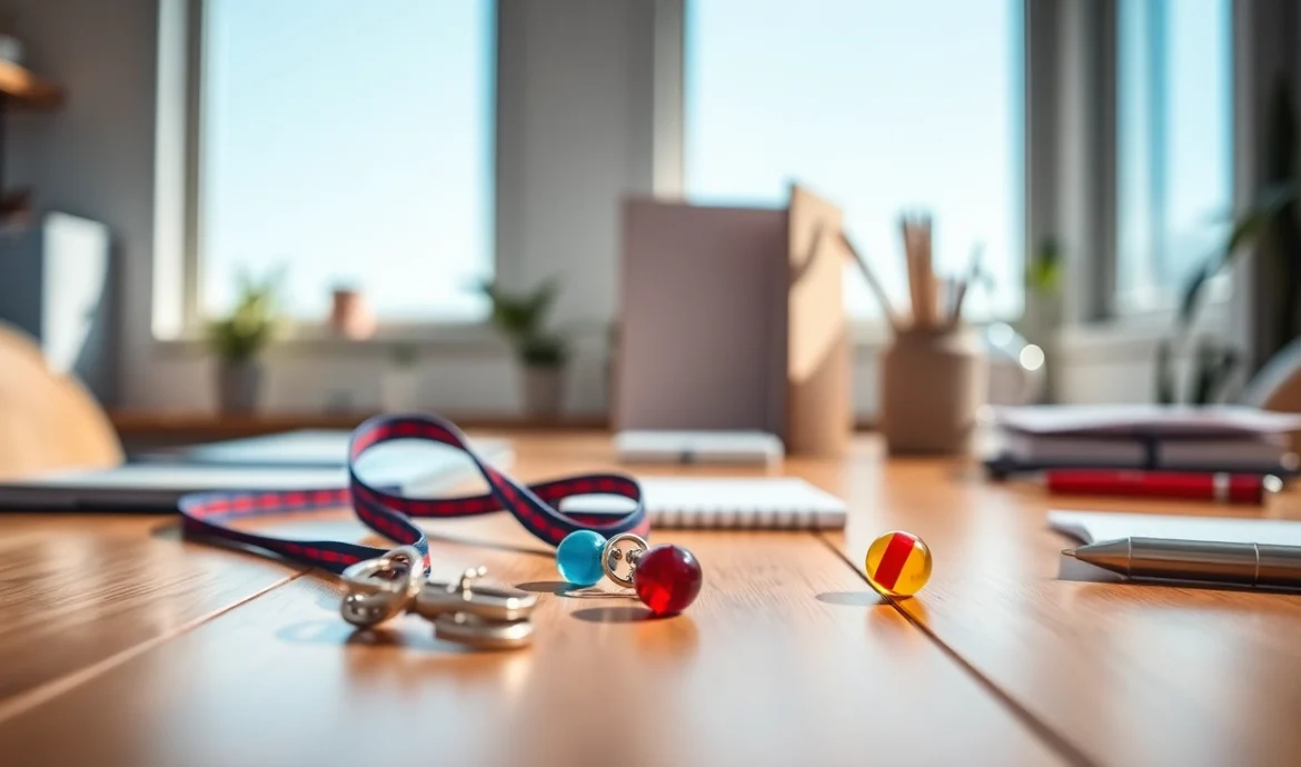 Stylish lanyard keychain with colorful charms displayed in a bright workspace.