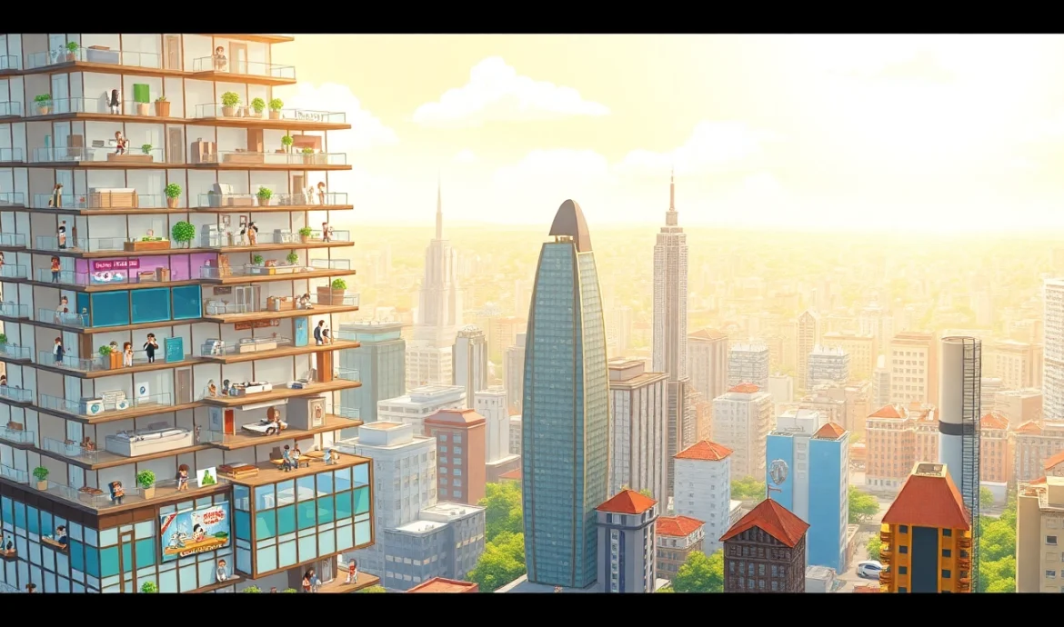 Sim tower with diverse facilities animated in a vibrant cityscape.