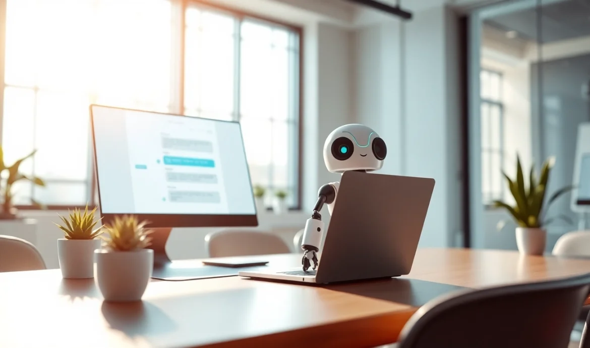 Engaging AI bot for websites assisting users in a modern office setting.