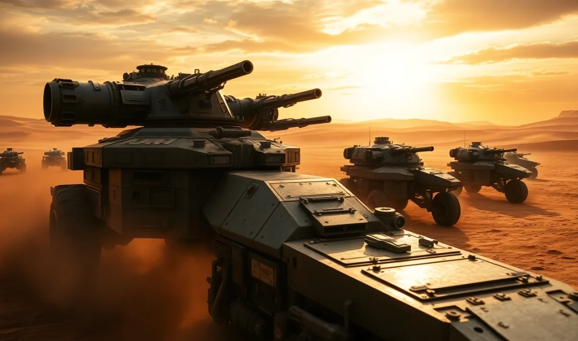 Engage in the Dune 2 game with a detailed armored vehicle on a vast battlefield.