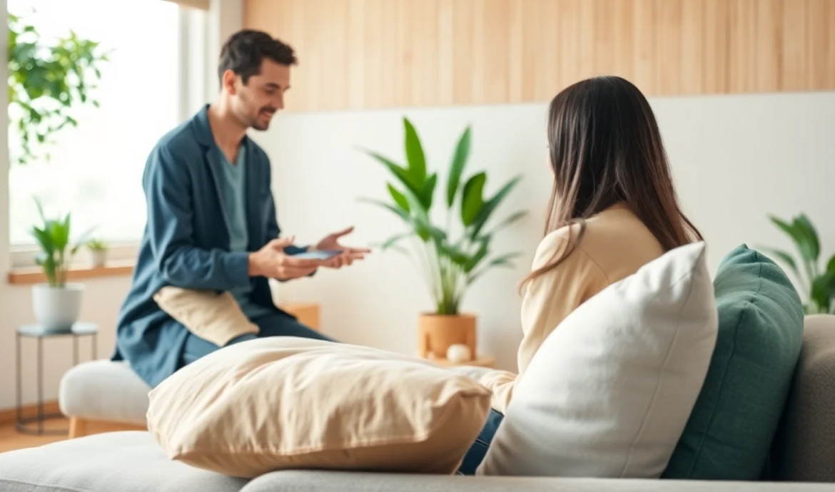 Helping individuals heal trauma in a peaceful therapy session with calming decor and natural light.