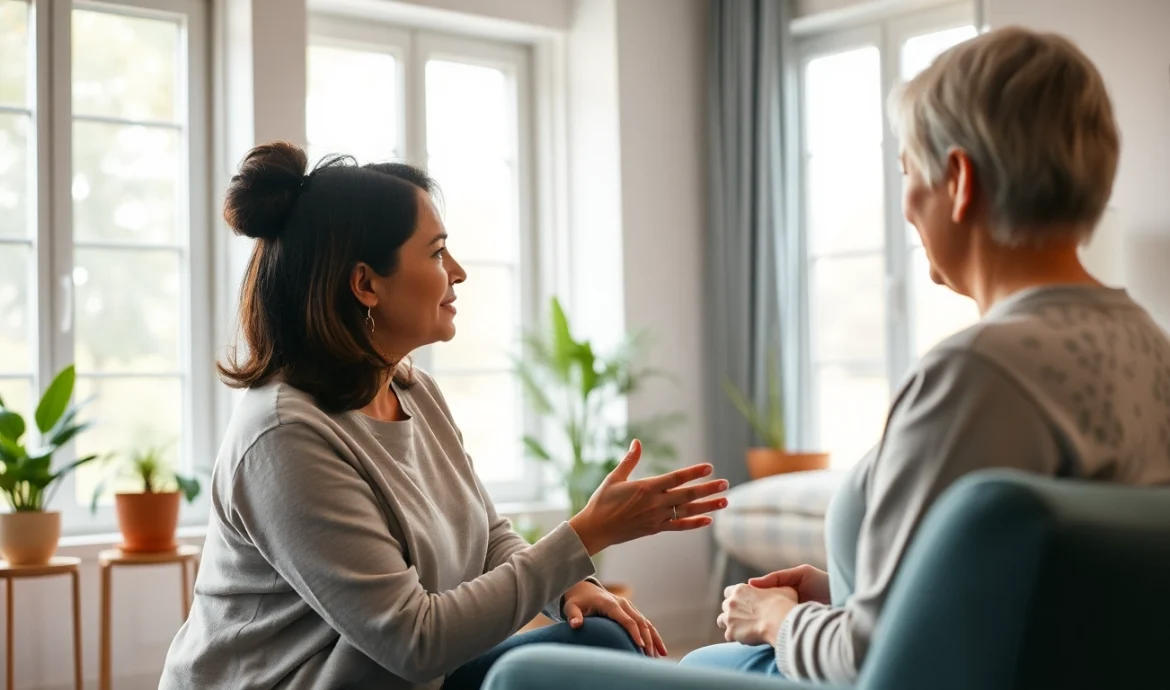 Empathetic therapist assisting someone in healing trauma in a tranquil environment.