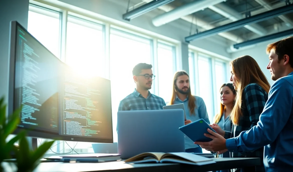 Team of web development professionals collaborating in a bright, modern workspace.