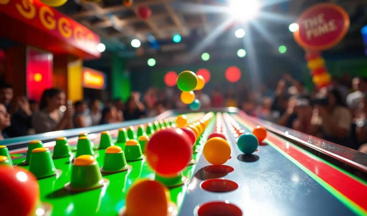 Bermain plinko indonesia dengan papan warna-warni dan bola yang jatuh, meriah dan seru.