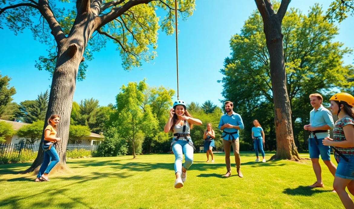 Kids enjoying the thrill of ZIP WIRE KITS in a sunny backyard adventure.