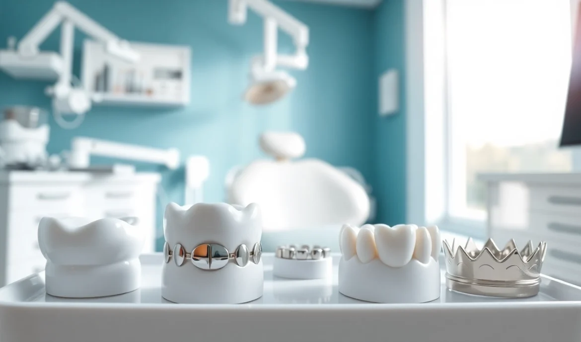 View of dental crowns on a tray in a modern dental clinic showcasing their quality.